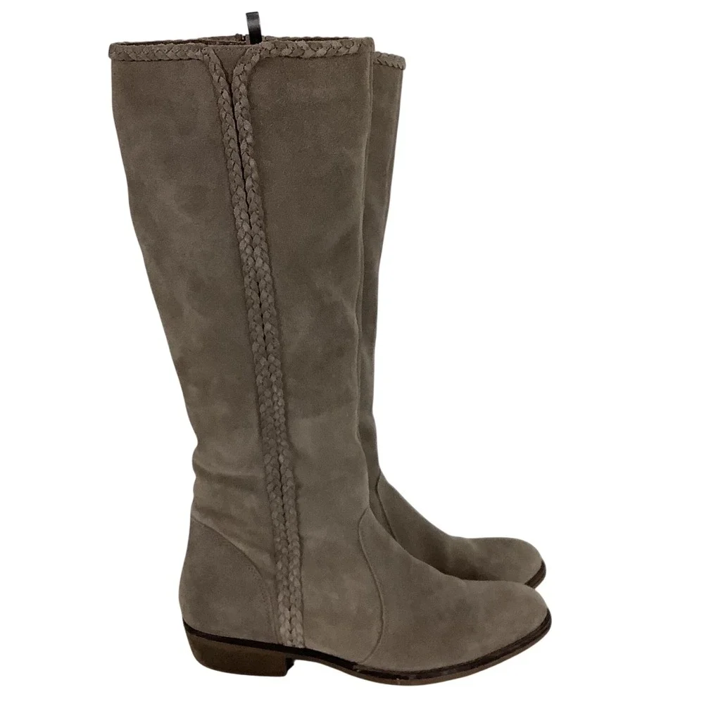 Glenda Taupe Suede Tall Braided Whipstitch Knee High Boots Size 8 154660